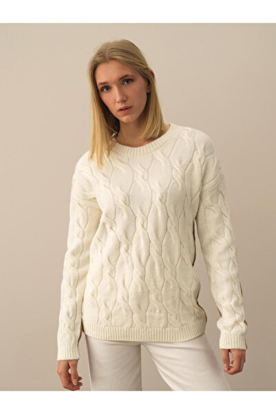 Xint Kadın Ekru Doğal Yün Dokulu Oversize Kazak