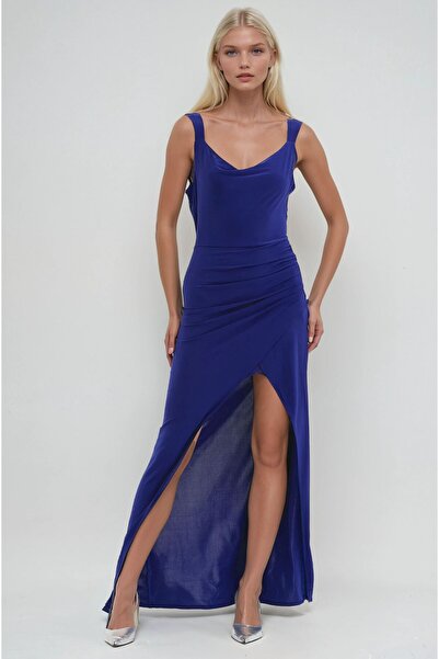 Lijuri Cobalt Slit Detailed Degaje Neckline Suspender Dress 2935 R2-J-K3