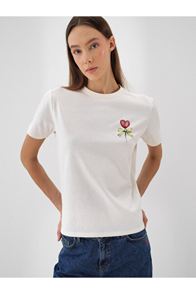 Xint Kadın Ekru %100 Pamuk Baskılı Tişört