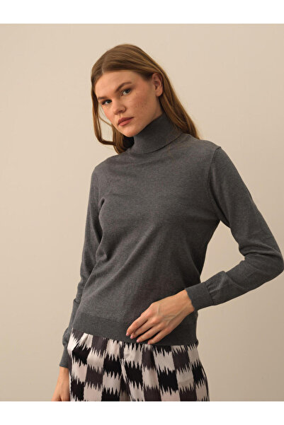 Xint Kadın Koyu Gri Dokulu Pamuk Dokulu Regular Fit Kazak