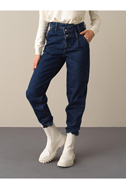 Xint Kadın Mavi Pamuk Dokulu Oversize Denim Pantolon