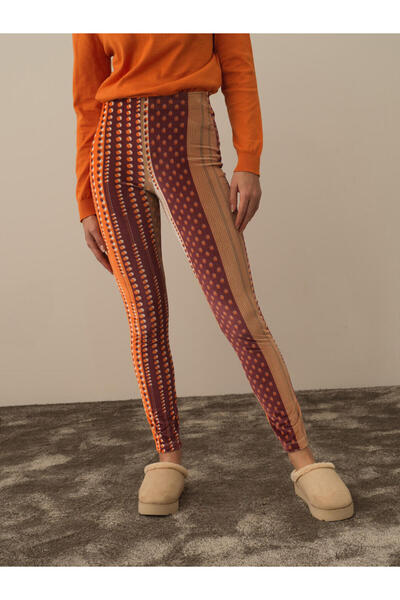 Xint Kadın Turuncu Yüksek Bel Slim Fit Pano Baskı Tayt
