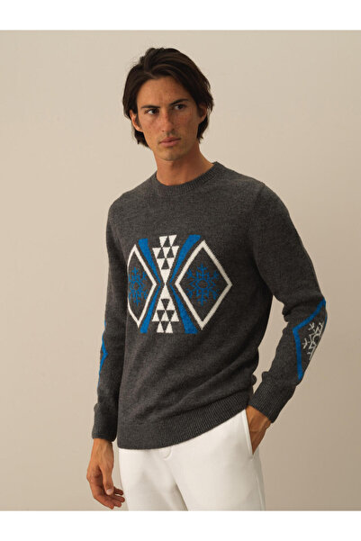 Xint Erkek Koyu Gri Dokulu Lüks Pamuk Dokulu Regular Fit Kazak