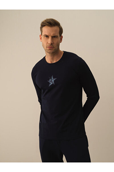 Xint Erkek Lacivert Modal Dokulu Slim Fit Uzun Kollu Tişört