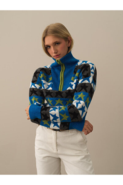 Xint Kadın Mavi Oversize Desenli Kazak