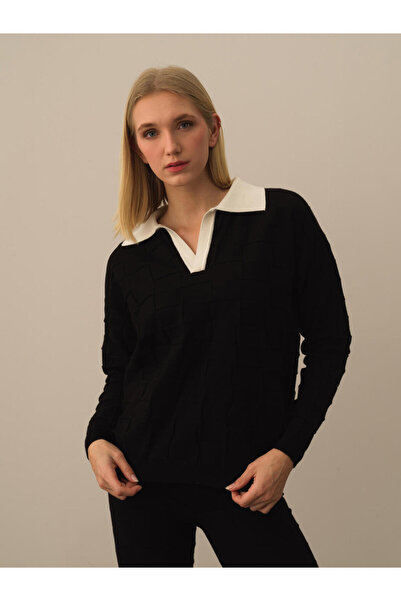 Xint Kadın Siyah Polo Yaka Oversize Kazak