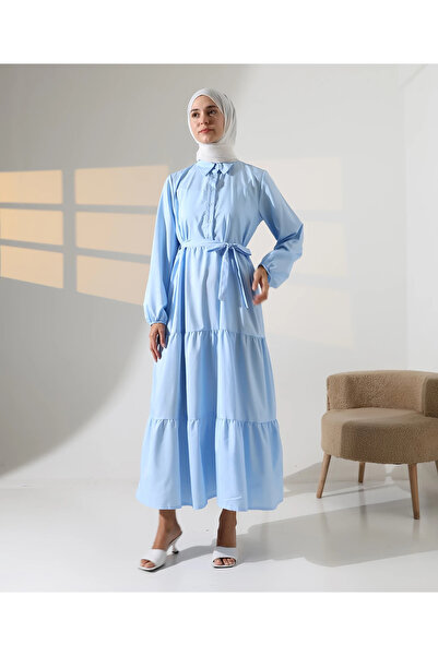 Mihran Butik Kadın 100% Pamuk Viskon Desenli Mavi Tesettür Elbise