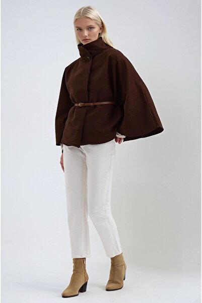 Lijuri Brown Suede Basic Poncho with Belt Accessories 6169