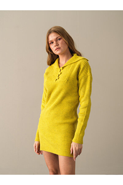 Xint Kadın Sarı Yumuşak Dokulu Regular Fit Triko Mini Elbise