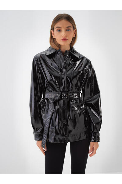 Xint Kadın Siyah Deri Görünümlü Regular Fit Ceket