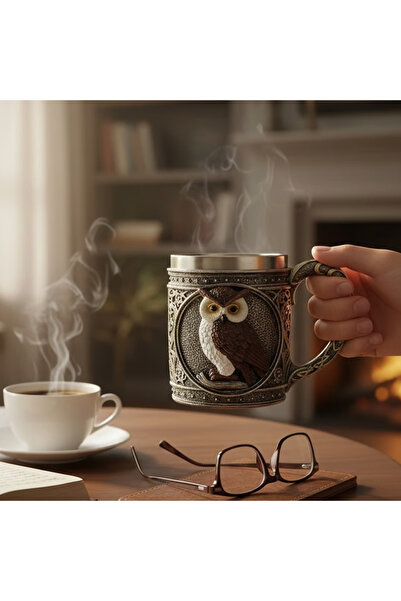 hediyesahibi 3D Baykuş Figürlü Metal Kupa Bardak