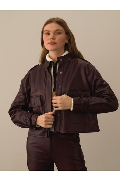 Xint Kadın Bordo Deri Görünümlü Oversize Ceket