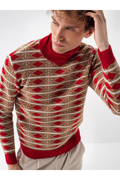 Xint Erkek Kırmızı Yünlü Desenli Kazak