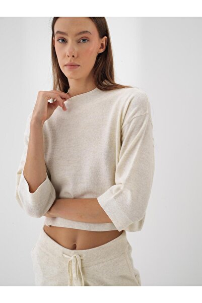 Xint Kadın Ekru Yünlü Basic Düz Kazak