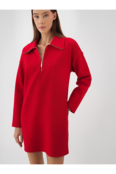 Xint Kadın Kırmızı Pamuk Dokulu Oversize Elbise