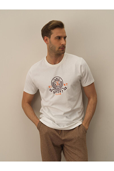 Xint Erkek Ekru Pamuk Dokulu Regular Fit Tişört