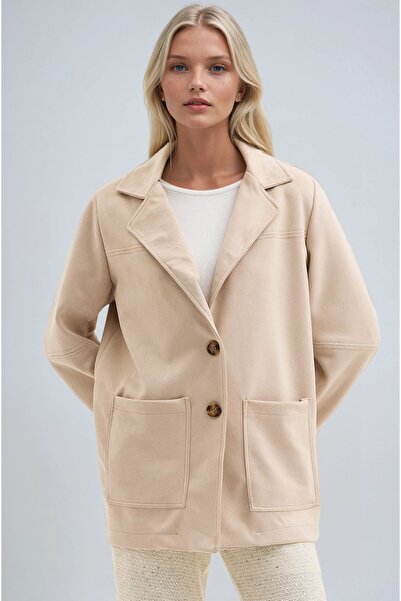 Lijuri Beige Buttoned Basic Suede Blazer Jacket 6174