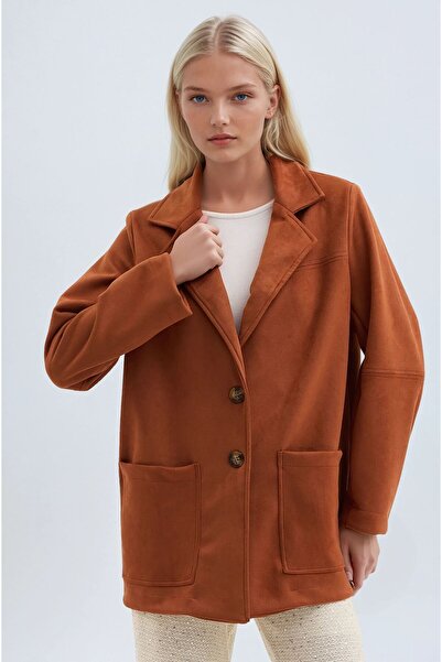 Lijuri Tile Buttoned Basic Suede Blazer Jacket 6174