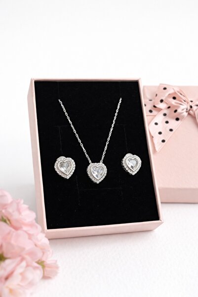 Silver 925 Ayar Gümüş Kalpli Kolye Küpe Takım