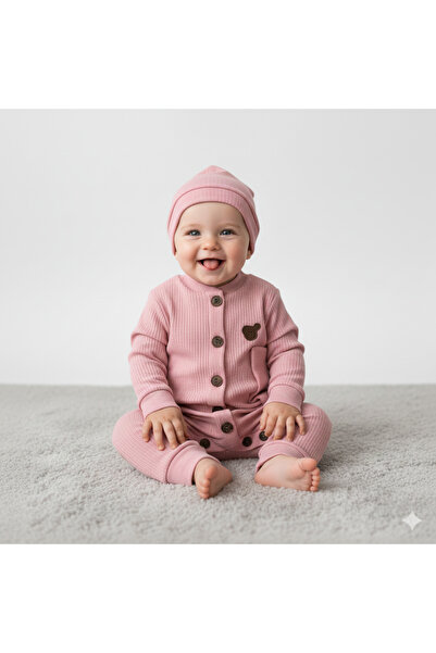 Buliş Baby Romper with Teddy Bear Logo Hat Pink
