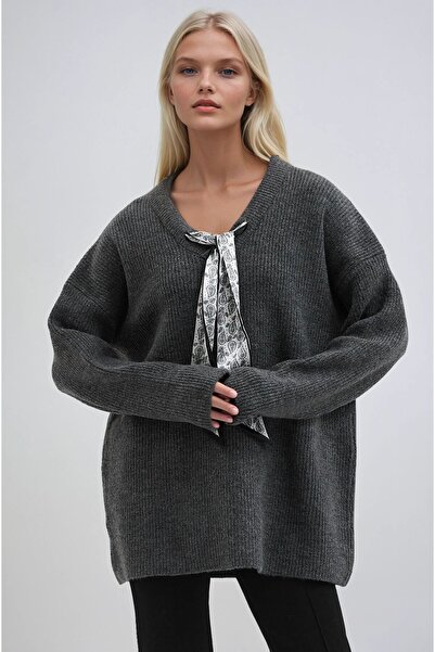 Lijuri Anthracite Self-Scarfed V-Neck Casual Knit Sweater 1394