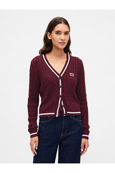 GAP Kadın Bordo %100 Pamuk Cable Örgü Crop Logo Hırka