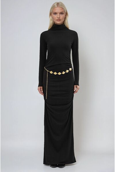 Lijuri Siyah Gold Kemerli ve Drape Detaylı Uzun Elbise 2953