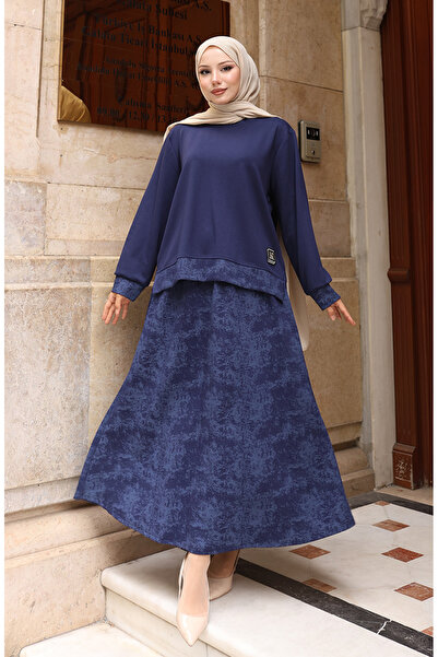 sefamerve Premium Fabric Patterned Skirt Hijab Set 0218-01 Navy Blue