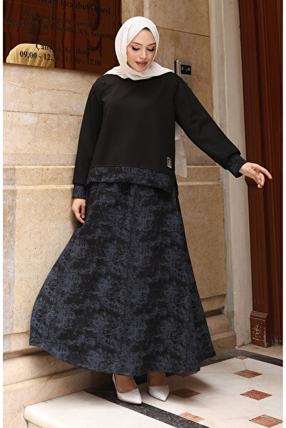 sefamerve Premium Fabric Patterned Skirt Hijab Set 0218-05 Black