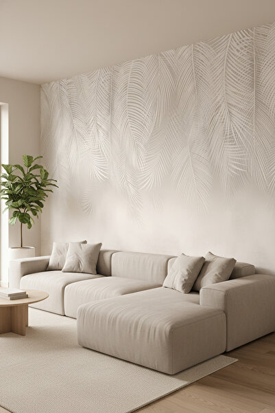 dreamwall Bej Tropik Yaprak Desenli Modern Tek Parça Duvar Kağıdı