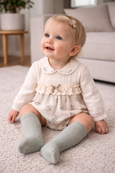 ATELİER GİZEM Kız Bebek Çiçek Desenli Uzun Kollu Dantel Fırfır Detaylı Romper...