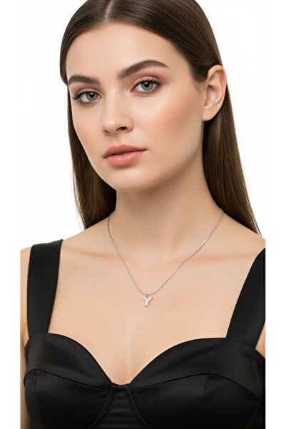 LUCKY ACCESSORIES Çelik Silver Rodyum  Kaplama Harf Kolye Y Harfi