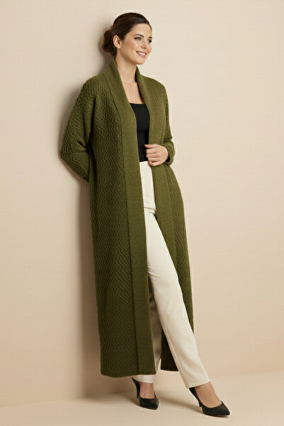 benguen Cardigan lung tricotat cu model în zig-zag R4470 kaki