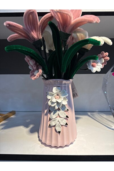 Handmade EL YAPIMI DEKORATİF ÇİÇEK & YAPRAK KABARTMALI VAZO