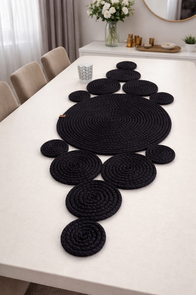 ALYA El Yapımı Siyah Runner,Yemek Masası Örtüsü,Runner 35x90