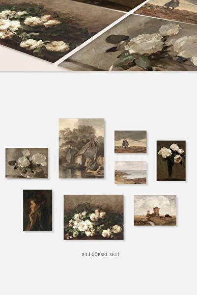 HOME DEKORİSTA Çerçevesiz Vintage 8'li Poster Seti, Galeri Duvarı, Sanatsal B...