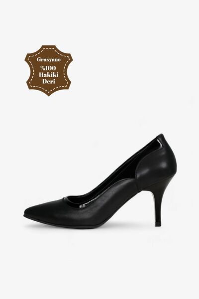 Grasyano Hakiki Deri Siyah Rugan Detaylı Yumuşak Premium Deri Konforlu Stilet...