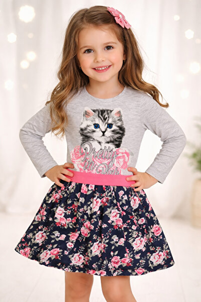 esmababykids Kız Elbise Penye Kedi Baskılı
