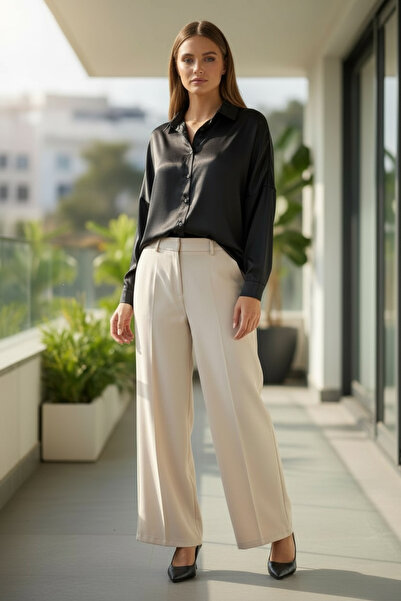 Cassime Γυναικείο μαύρο κλασικό σατέν πουκάμισο με κουμπιά άνετο και ευρύχωρο