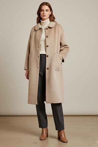 Puane Women's Button and Pocket Detailed Fox Coat - 15220Kbn - Camel