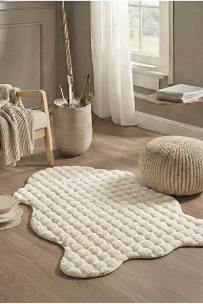 ECOSER Puffy Bubble Tavşan Tüyü Post Kaymaz Taban Yıkanabilir Krem Peluş POST...