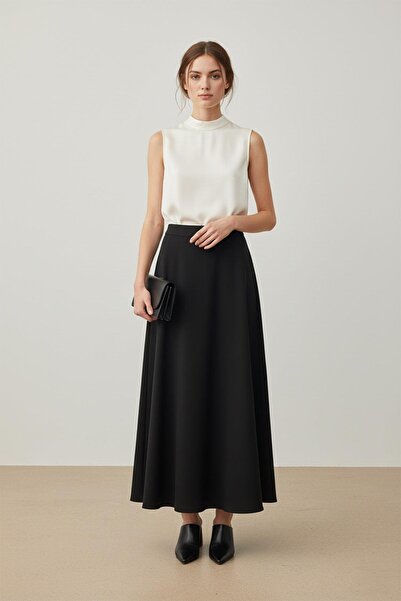 Puane Women's High Waist Long A-Line Fabric Skirt -18291Etk - Black