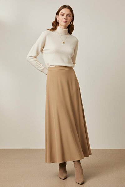 Puane Women's High Waist Long A-Line Fabric Skirt -18291Etk - Camel
