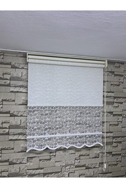 PERDECİNİZ Taş Desenli Çiftli Sistem Tül Stor Perde Krem Renk (Etekli) ENXBOY