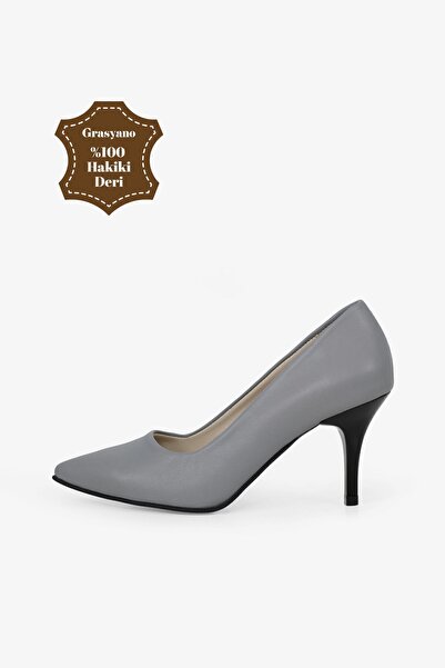 Grasyano Hakiki Deri Stiletto Taş Gri Sivri Burun Yumuşak Deriden Sade Konfor...