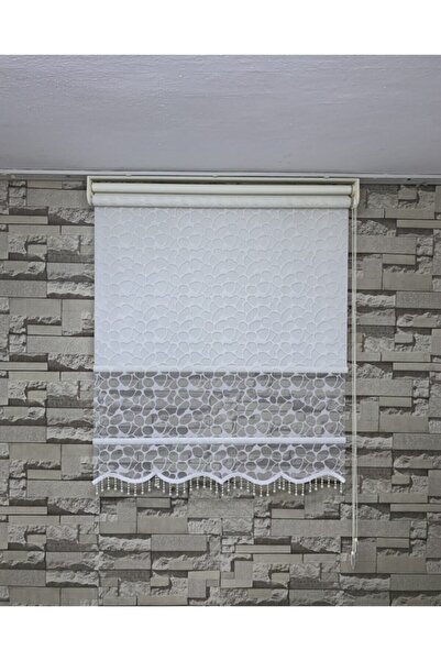 PERDECİNİZ Taş Desenli Çiftli Sistem Tül Stor Perde Krem Renk (etek Boncuklu)...