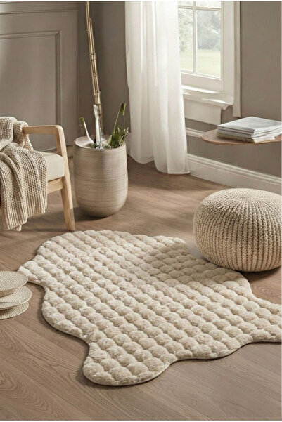 ECOSER Puffy Bubble Tavşan Tüyü Post Kaymaz Taban Yıkanabilir Vizon Peluş POS...