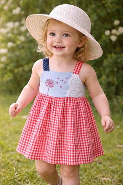 Kidex’s Baby Kız Bebek Yazlık Elbise Dantel Detaylı Pötikareli Elbise