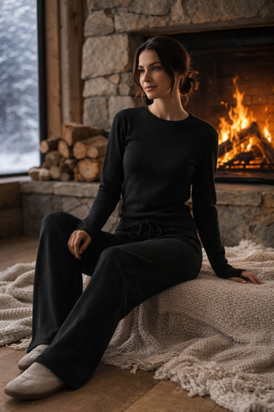 LUV STUDİOS CO Black Finger Insert Detailed Crew Neck Ribbed Knit Blouse Pant...