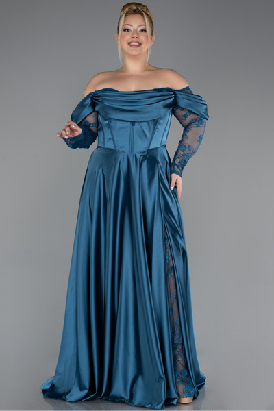 Abiyefon Petrol Yeşili Dantel Uzun Kol Saten Büyük Beden Abiye ABU5261